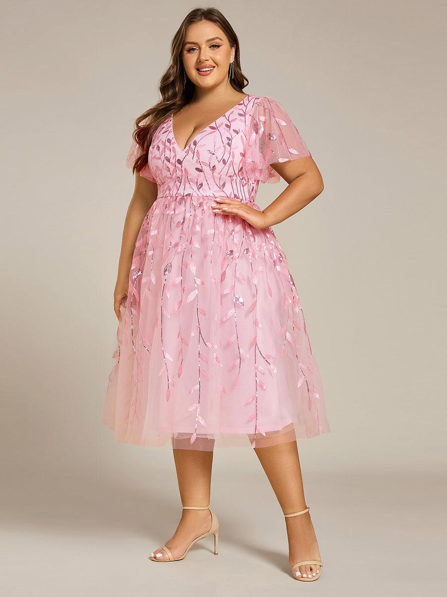 EG02230PK-PR4 Short Sleeves Leaf Sequin A-Line Midi Formal Wedding Guest Dress - Image 93