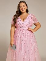 Short Sleeves Leaf Sequin A-Line Midi Formal Wedding Guest Dress - Image 91