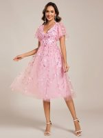 Short Sleeves Leaf Sequin A-Line Midi Formal Wedding Guest Dress - Image 84