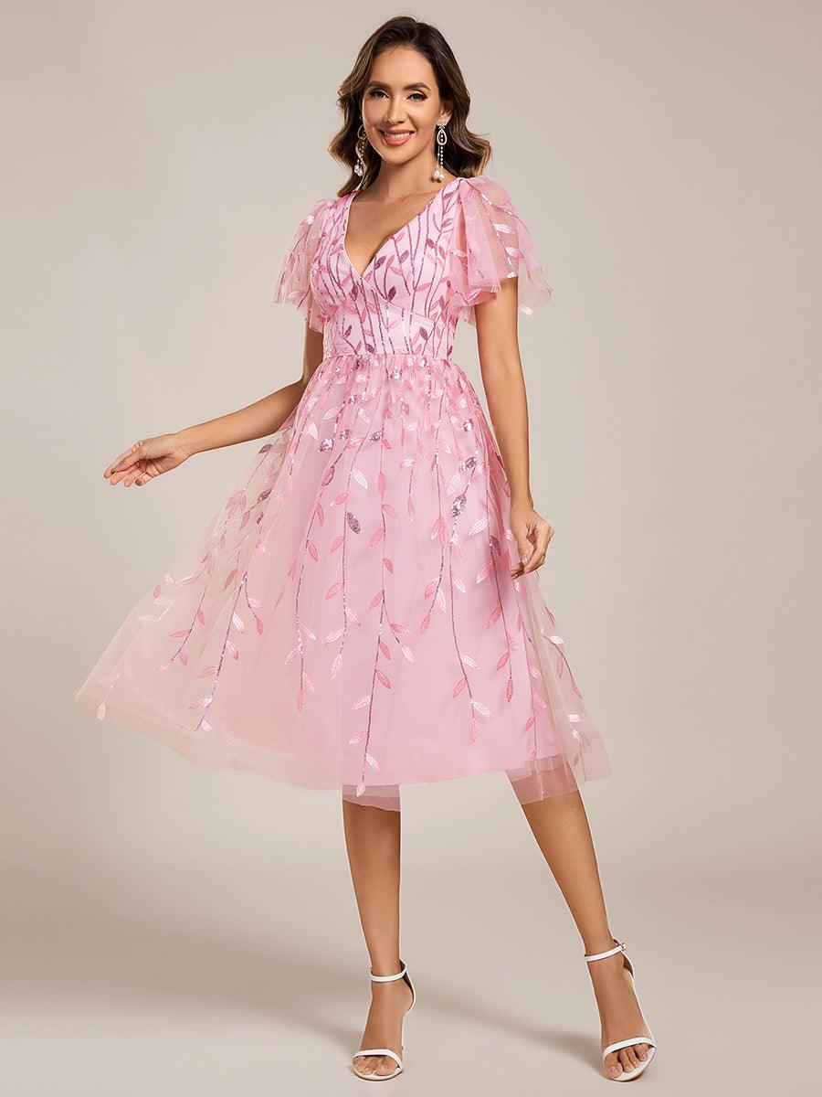 EG02230PK-R Short Sleeves Leaf Sequin A-Line Midi Formal Wedding Guest Dress - Image 84