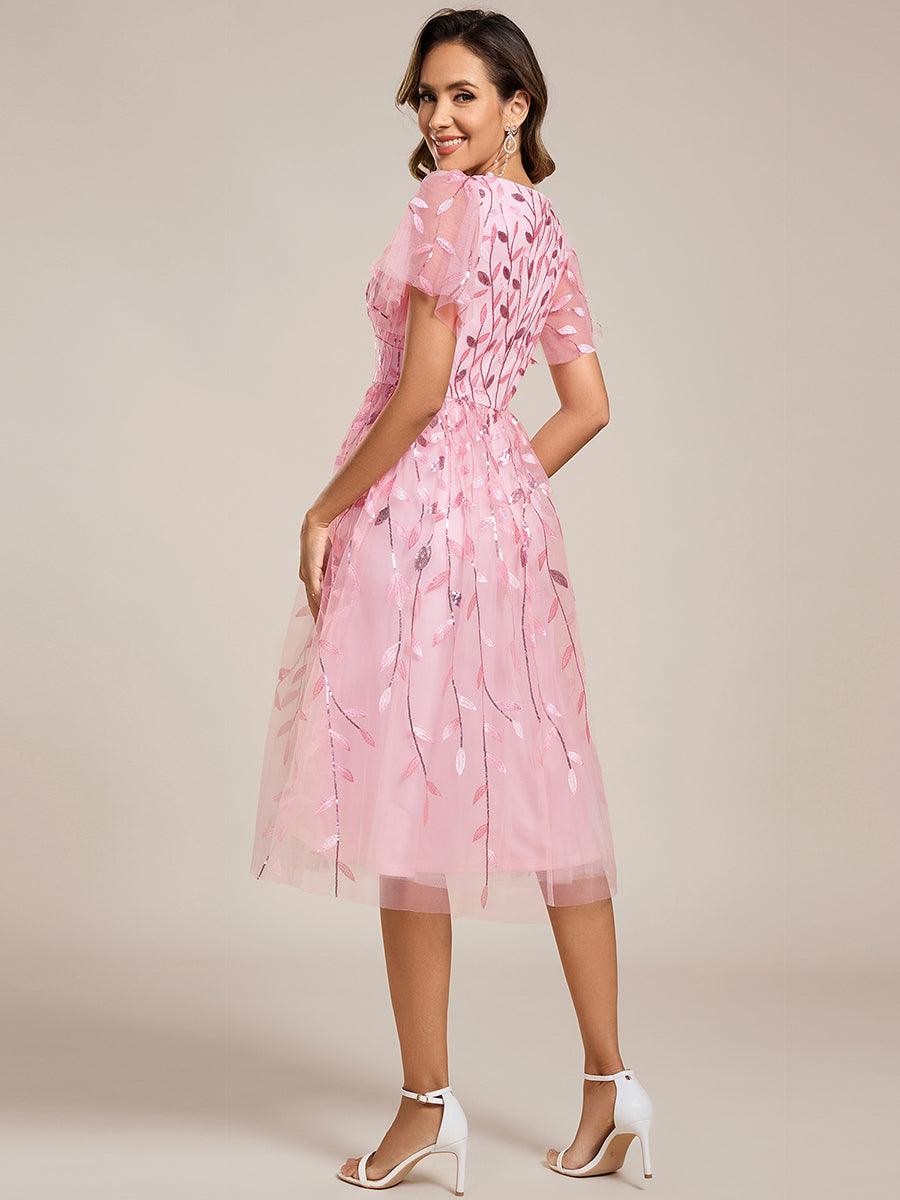 EG02230PK-R2 Short Sleeves Leaf Sequin A-Line Midi Formal Wedding Guest Dress - Image 85