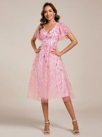 Short Sleeves Leaf Sequin A-Line Midi Formal Wedding Guest Dress - Image 87