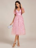 Short Sleeves Leaf Sequin A-Line Midi Formal Wedding Guest Dress - Image 88
