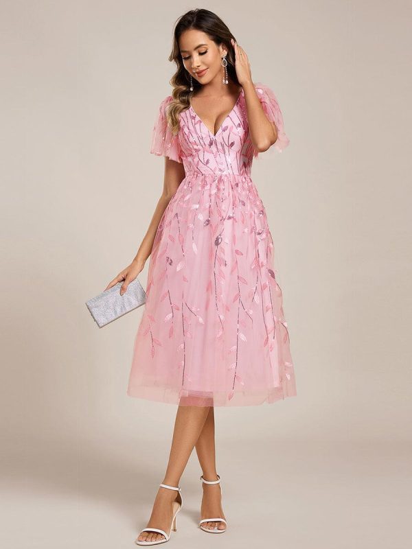 Short Sleeves Leaf Sequin A-Line Midi Formal Wedding Guest Dress - Image 88