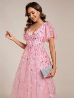 Short Sleeves Leaf Sequin A-Line Midi Formal Wedding Guest Dress - Image 86