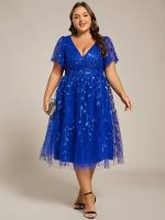 Short Sleeves Leaf Sequin A-Line Midi Formal Wedding Guest Dress - Image 79