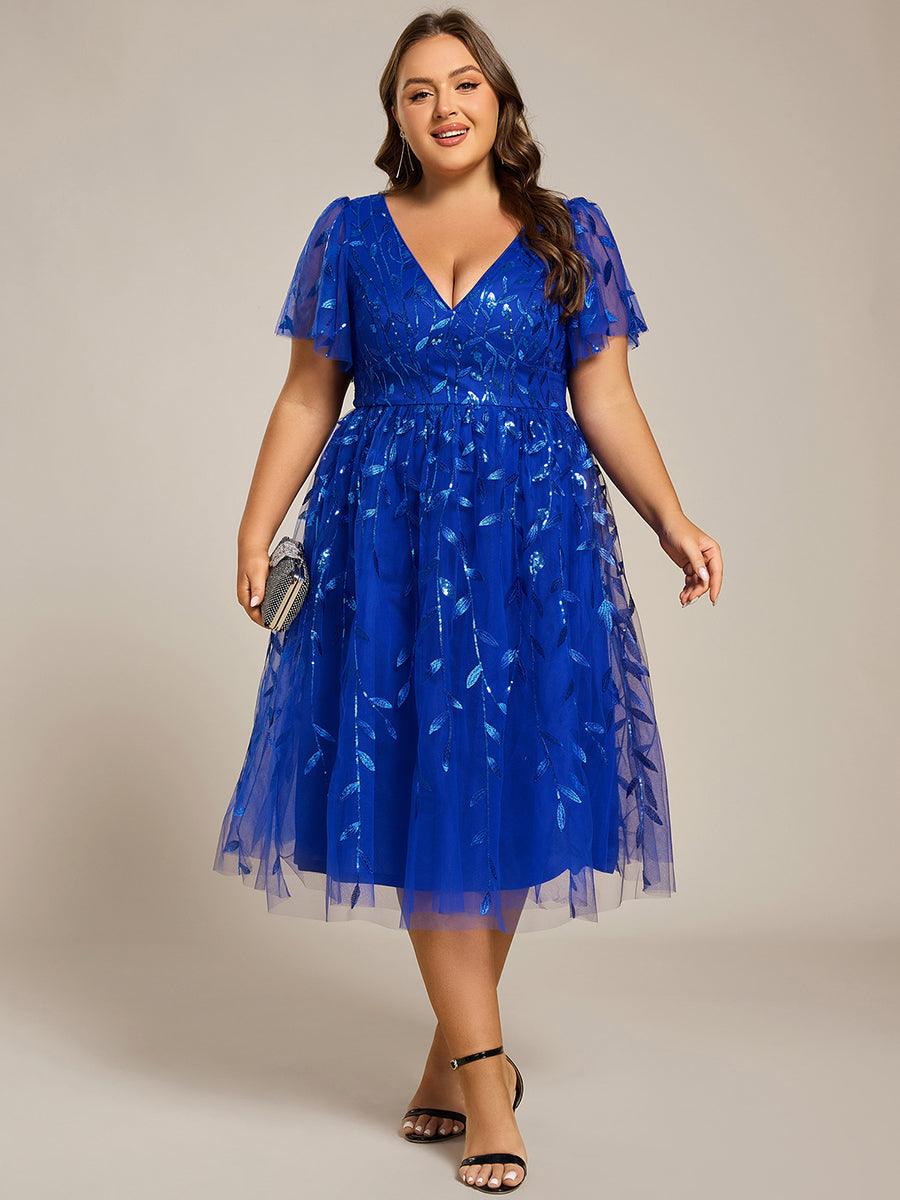 EG02230SB-PR Short Sleeves Leaf Sequin A-Line Midi Formal Wedding Guest Dress - Image 79