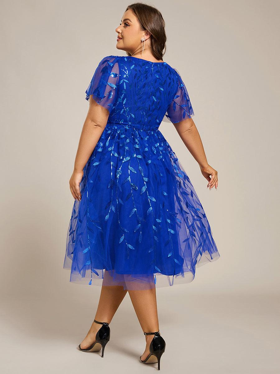 EG02230SB-PR2 Short Sleeves Leaf Sequin A-Line Midi Formal Wedding Guest Dress - Image 80
