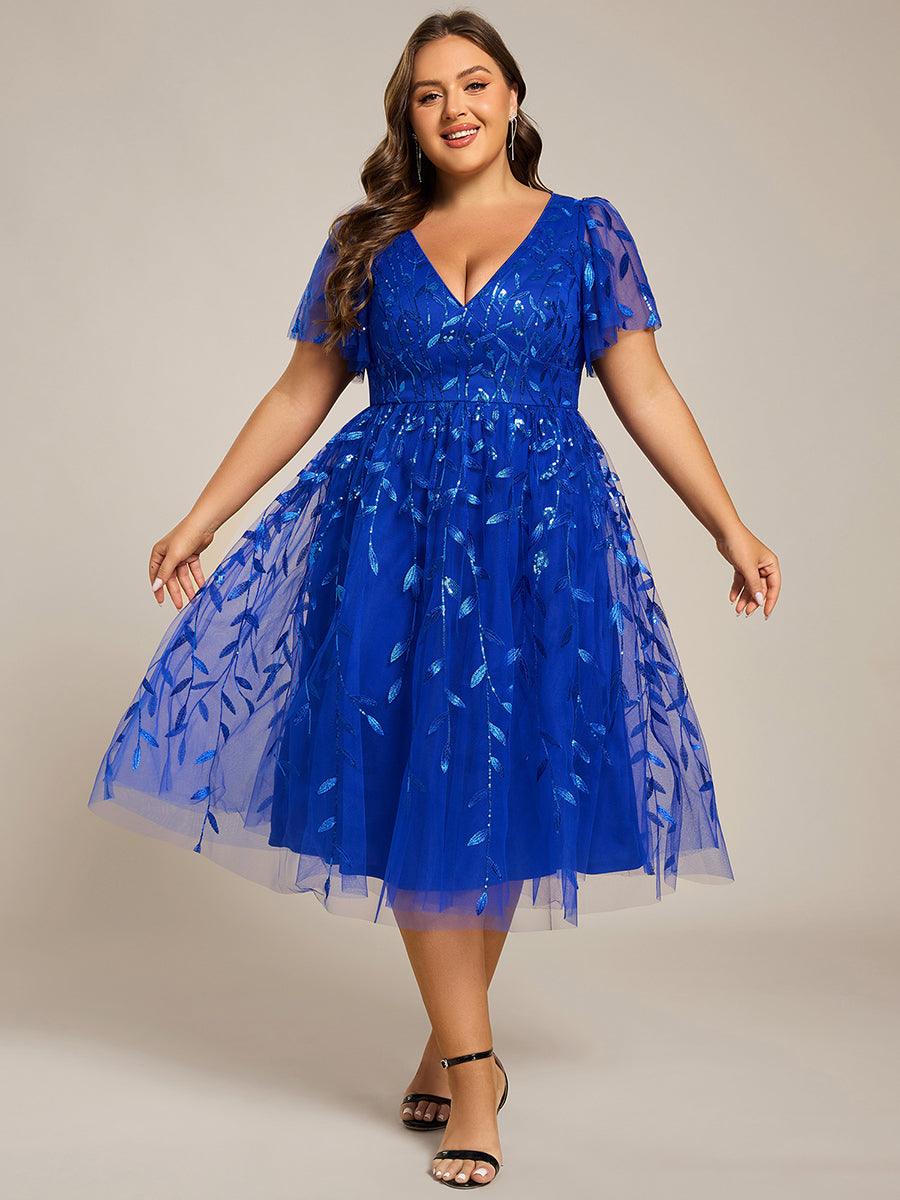 EG02230SB-PR3 Short Sleeves Leaf Sequin A-Line Midi Formal Wedding Guest Dress - Image 82