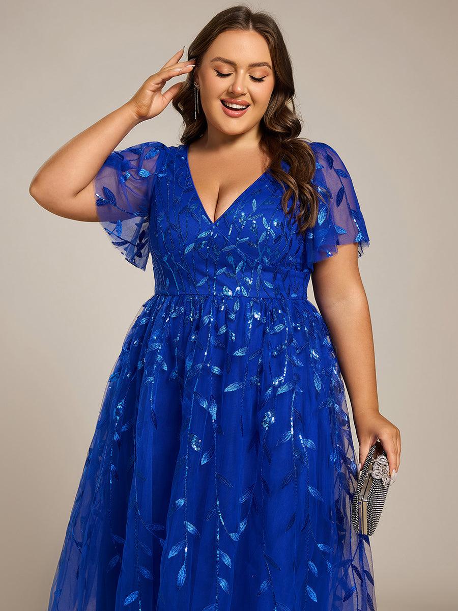 EG02230SB-PR5 Short Sleeves Leaf Sequin A-Line Midi Formal Wedding Guest Dress - Image 81