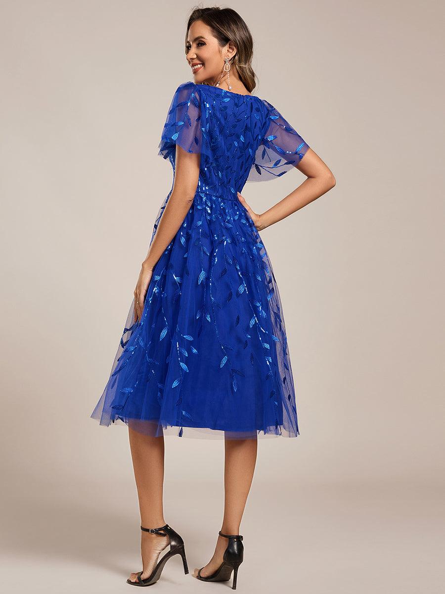 EG02230SB-R2 Short Sleeves Leaf Sequin A-Line Midi Formal Wedding Guest Dress - Image 75