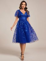 Short Sleeves Leaf Sequin A-Line Midi Formal Wedding Guest Dress - Image 77