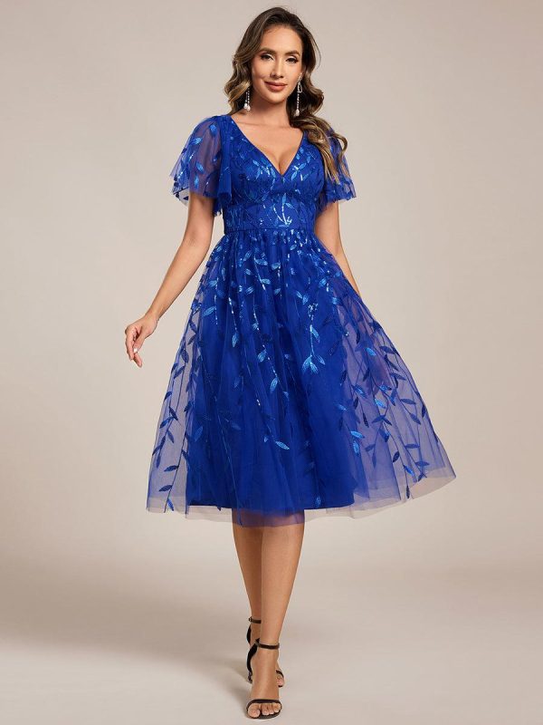 Short Sleeves Leaf Sequin A-Line Midi Formal Wedding Guest Dress - Image 77