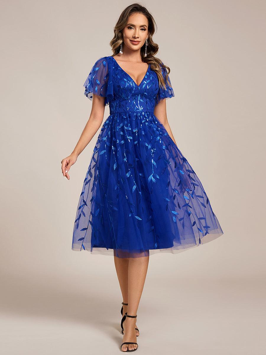 EG02230SB-R3 Short Sleeves Leaf Sequin A-Line Midi Formal Wedding Guest Dress - Image 77