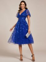 Short Sleeves Leaf Sequin A-Line Midi Formal Wedding Guest Dress - Image 78