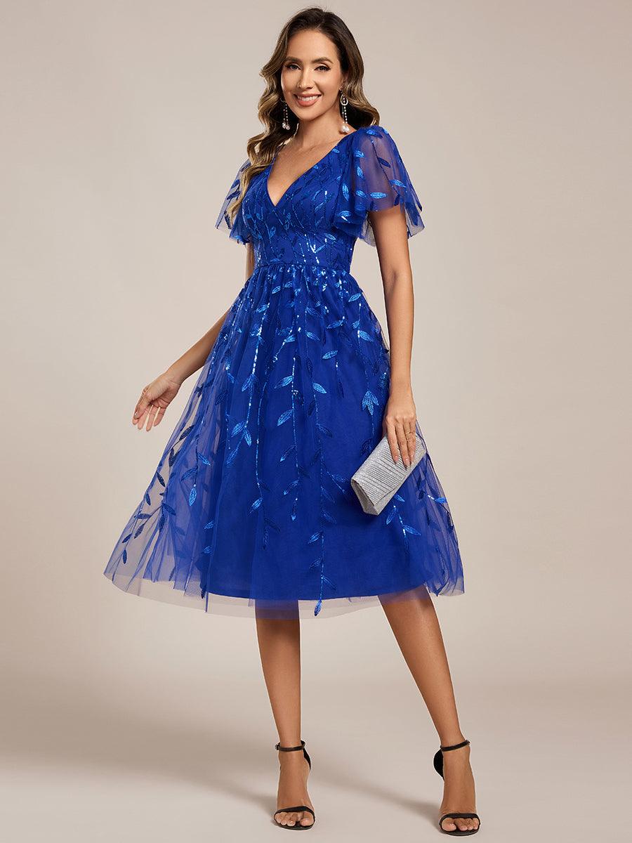 EG02230SB-R4 Short Sleeves Leaf Sequin A-Line Midi Formal Wedding Guest Dress - Image 78