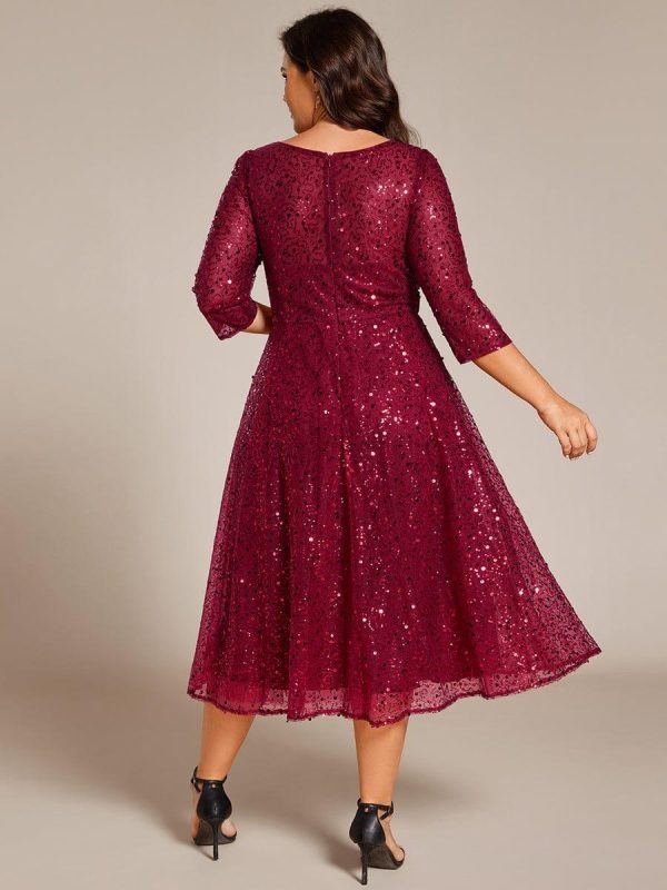 3/4 Sleeve Sparkly Sequin Round Neck Midi Wedding Guest Dress - Image 9