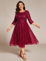 3/4 Sleeve Sparkly Sequin Round Neck Midi Wedding Guest Dress - Image 8