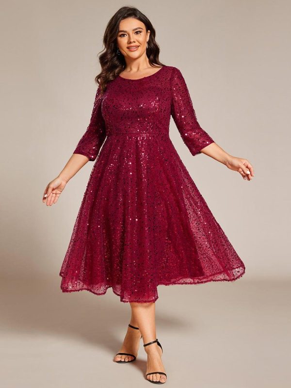 3/4 Sleeve Sparkly Sequin Round Neck Midi Wedding Guest Dress - Image 8