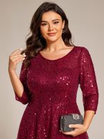 3/4 Sleeve Sparkly Sequin Round Neck Midi Wedding Guest Dress - Image 11