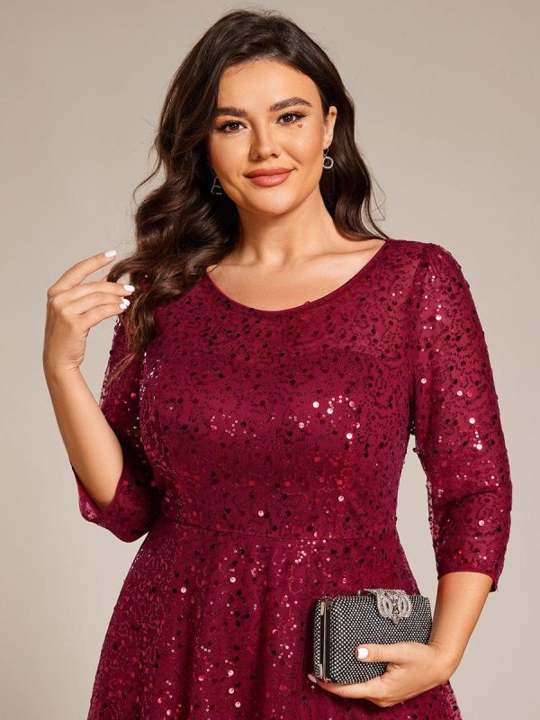 3/4 Sleeve Sparkly Sequin Round Neck Midi Wedding Guest Dress - Image 11