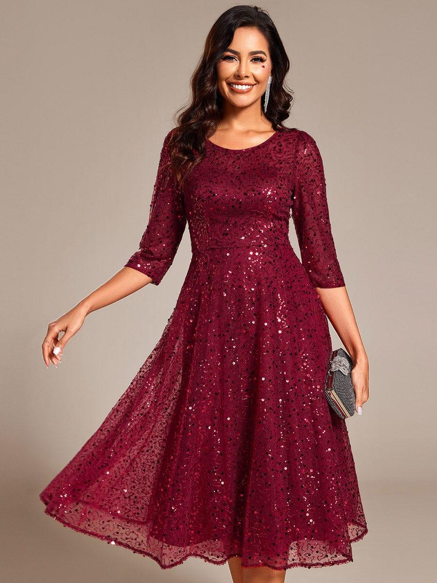 EG02241BD-R 3/4 Sleeve Sparkly Sequin Round Neck Midi Wedding Guest Dress - Image 7