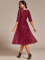 3/4 Sleeve Sparkly Sequin Round Neck Midi Wedding Guest Dress - Image 4