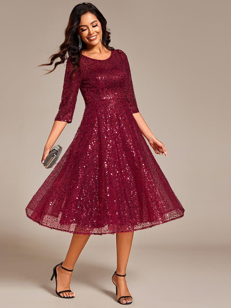 EG02241BD-R3 3/4 Sleeve Sparkly Sequin Round Neck Midi Wedding Guest Dress - Image 6