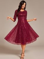3/4 Sleeve Sparkly Sequin Round Neck Midi Wedding Guest Dress - Image 3