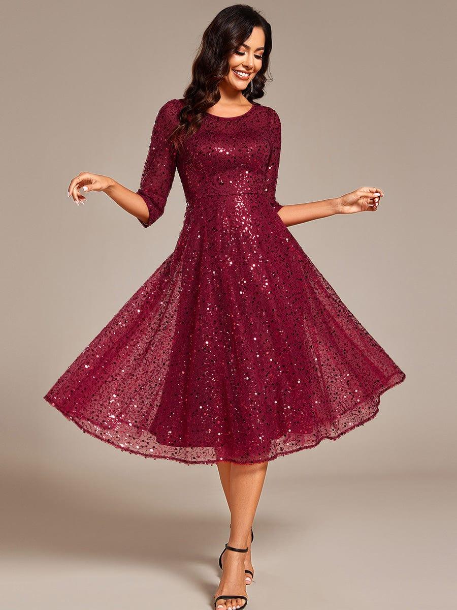 EG02241BD-R4 3/4 Sleeve Sparkly Sequin Round Neck Midi Wedding Guest Dress - Image 3