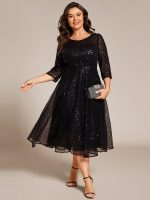 3/4 Sleeve Sparkly Sequin Round Neck Midi Wedding Guest Dress - Image 16