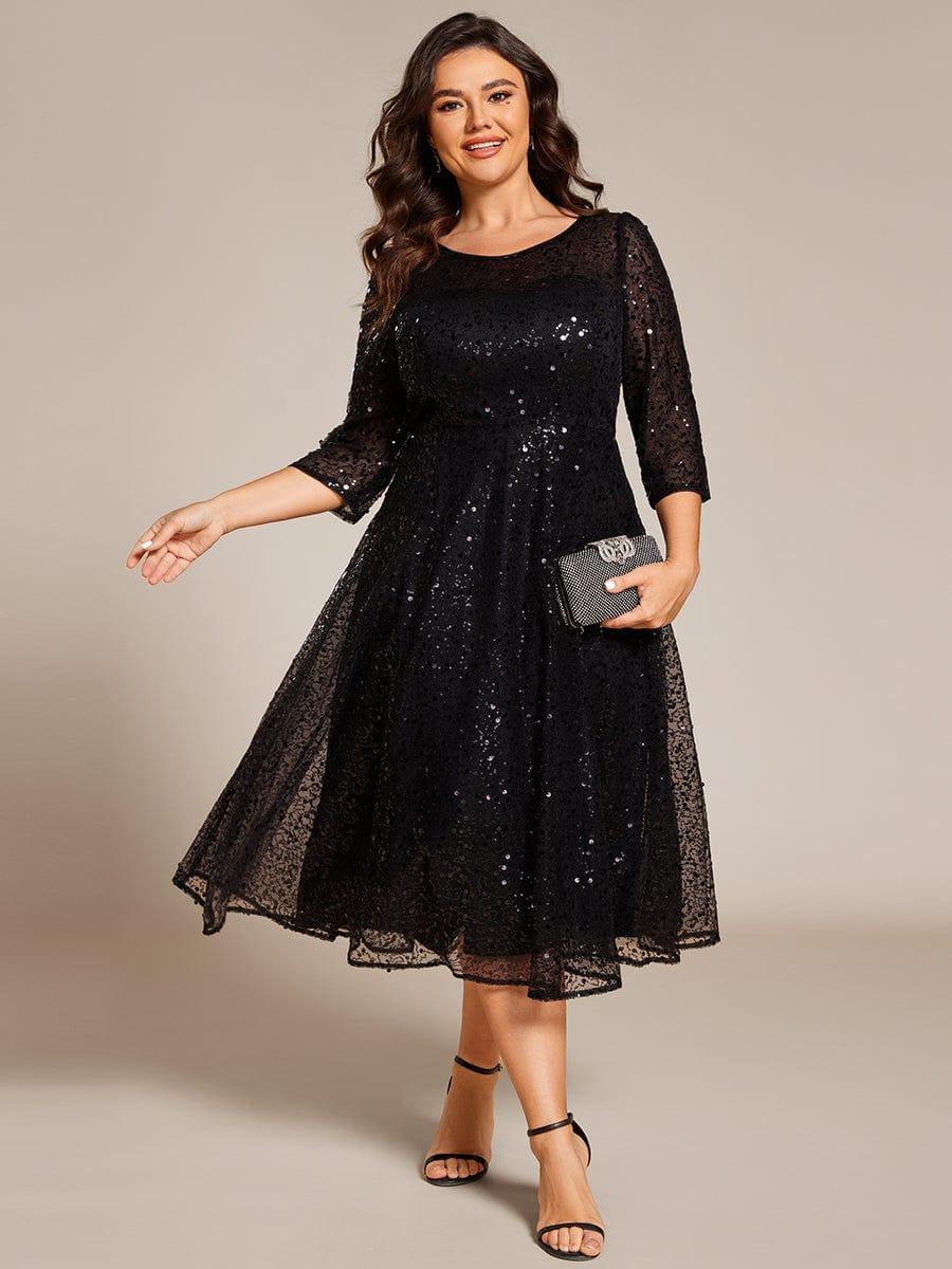 EG02241BK-PR 3/4 Sleeve Sparkly Sequin Round Neck Midi Wedding Guest Dress - Image 16