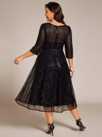 3/4 Sleeve Sparkly Sequin Round Neck Midi Wedding Guest Dress - Image 17