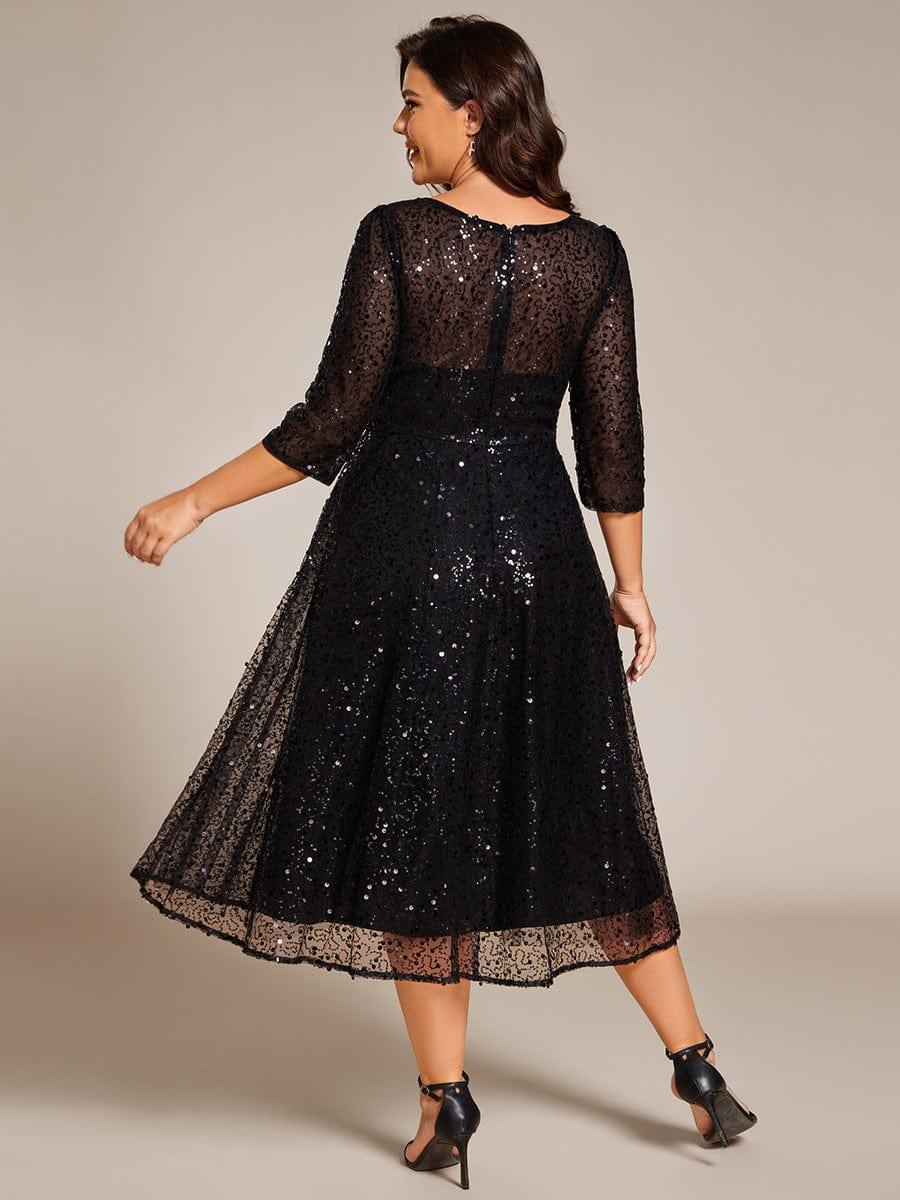 EG02241BK-PR2 3/4 Sleeve Sparkly Sequin Round Neck Midi Wedding Guest Dress - Image 17