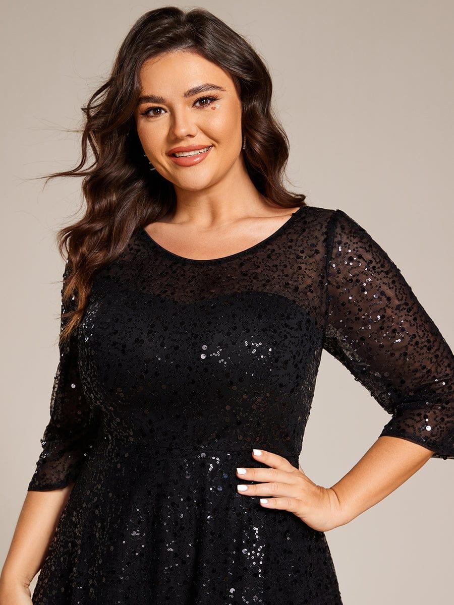 EG02241BK-PR5 3/4 Sleeve Sparkly Sequin Round Neck Midi Wedding Guest Dress - Image 18