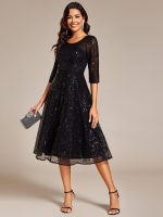 3/4 Sleeve Sparkly Sequin Round Neck Midi Wedding Guest Dress - Image 10