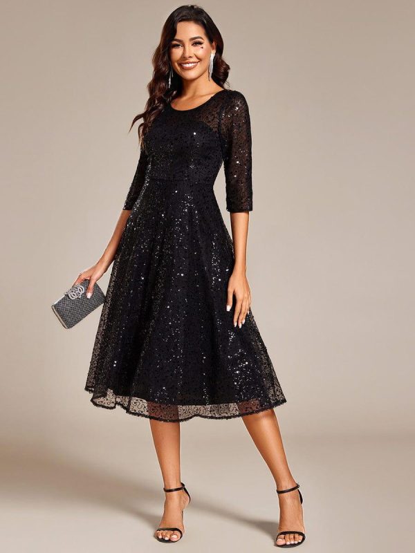 3/4 Sleeve Sparkly Sequin Round Neck Midi Wedding Guest Dress - Image 10