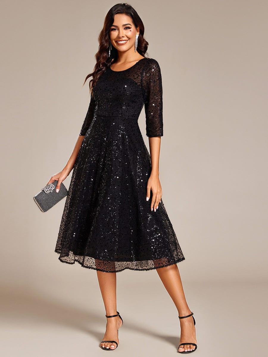 EG02241BK-R 3/4 Sleeve Sparkly Sequin Round Neck Midi Wedding Guest Dress - Image 10