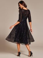 3/4 Sleeve Sparkly Sequin Round Neck Midi Wedding Guest Dress - Image 12