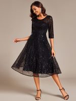 3/4 Sleeve Sparkly Sequin Round Neck Midi Wedding Guest Dress - Image 15