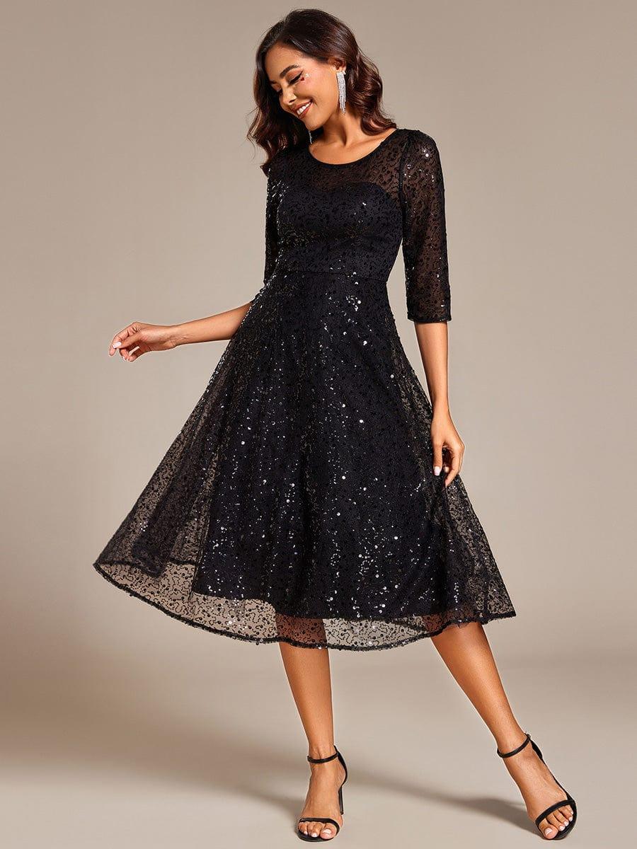 EG02241BK-R3 3/4 Sleeve Sparkly Sequin Round Neck Midi Wedding Guest Dress - Image 15