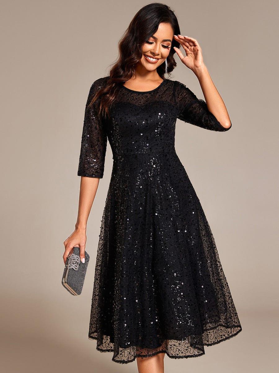 EG02241BK-R4 3/4 Sleeve Sparkly Sequin Round Neck Midi Wedding Guest Dress - Image 14