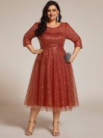 3/4 Sleeve Sparkly Sequin Round Neck Midi Wedding Guest Dress - Image 34