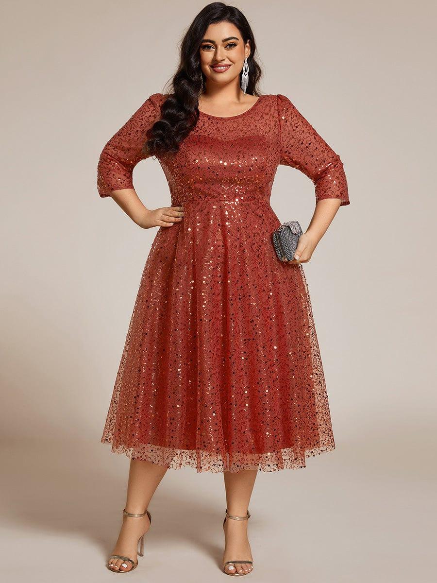 EG02241BO-PR 3/4 Sleeve Sparkly Sequin Round Neck Midi Wedding Guest Dress - Image 34