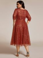 3/4 Sleeve Sparkly Sequin Round Neck Midi Wedding Guest Dress - Image 31