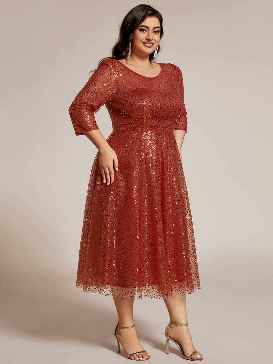 EG02241BO-PR3 3/4 Sleeve Sparkly Sequin Round Neck Midi Wedding Guest Dress - Image 33