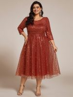 3/4 Sleeve Sparkly Sequin Round Neck Midi Wedding Guest Dress - Image 30