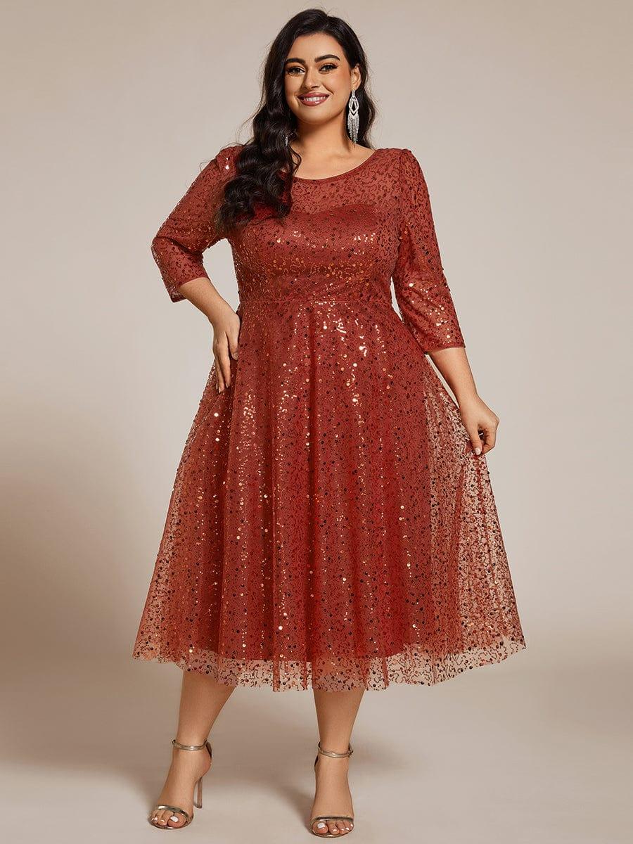 EG02241BO-PR4 3/4 Sleeve Sparkly Sequin Round Neck Midi Wedding Guest Dress - Image 30