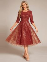 3/4 Sleeve Sparkly Sequin Round Neck Midi Wedding Guest Dress - Image 29