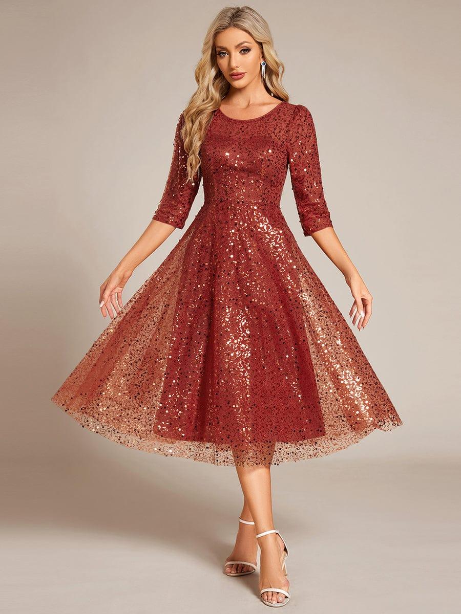 EG02241BO-R 3/4 Sleeve Sparkly Sequin Round Neck Midi Wedding Guest Dress - Image 29